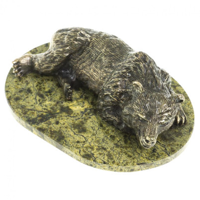 Статуэтка из бронзы &quot;Большой медведь лежит&quot; на подставке из змеевика