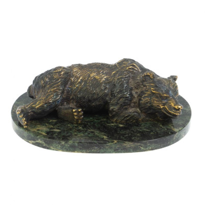 Статуэтка из бронзы &quot;Большой медведь лежит&quot; на подставке из змеевика