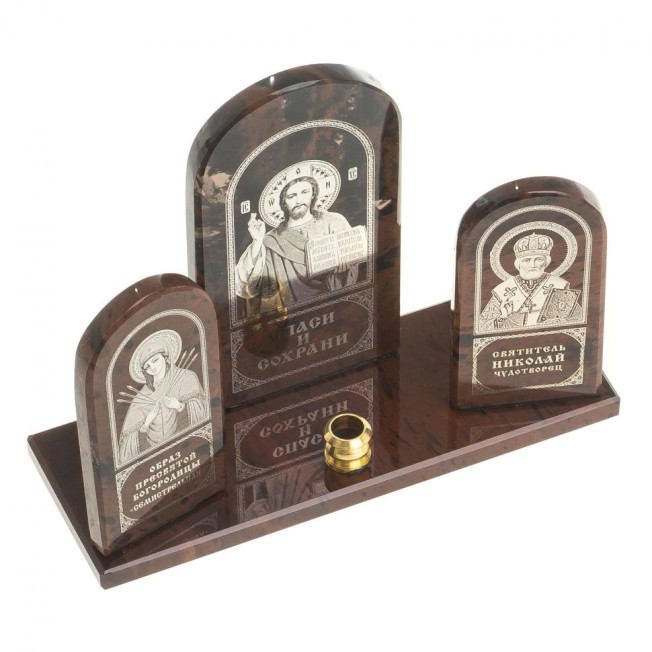 Икона триптих "Спаситель, Семистрельная, Николай" камень обсидиан