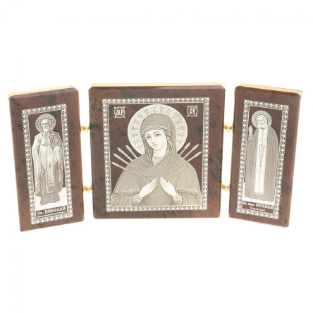 Икона складная триптих "Семистрельная БМ, Св. Николай, Св. Серафим" камень обсидиан