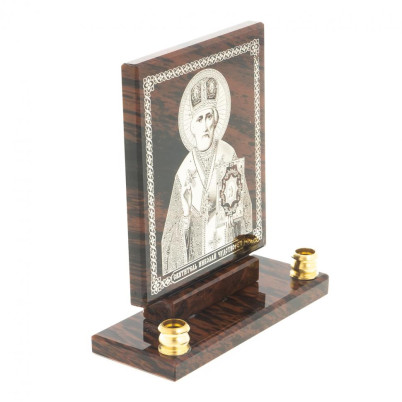 Икона настольная &quot;Св. Николай Чудотворец&quot; из обсидиана с подсвечниками
