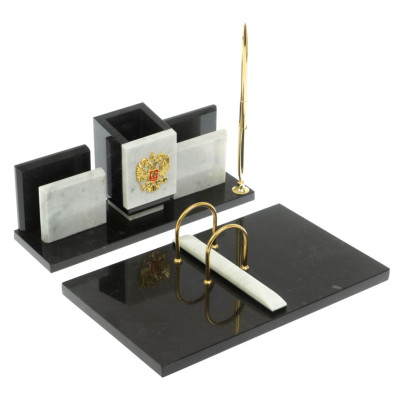 Письменный набор &quot;Менеджер&quot; из мрамора и змеевика с гербом РФ