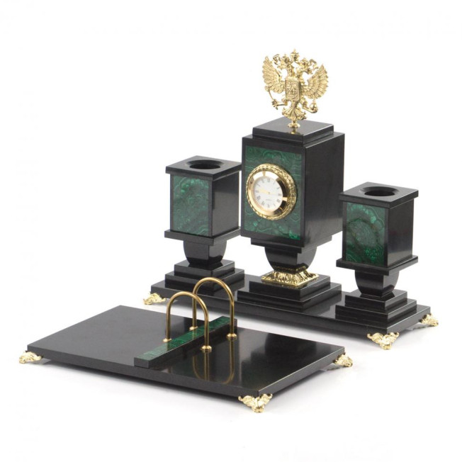 Письменный набор из малахита "Гербовый"