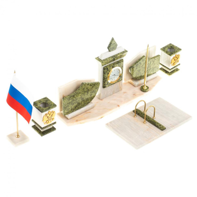 Письменный прибор с гербом и флагом России камень мрамор, змеевик