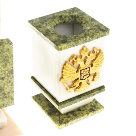 Письменный прибор с гербом и флагом России камень мрамор, змеевик