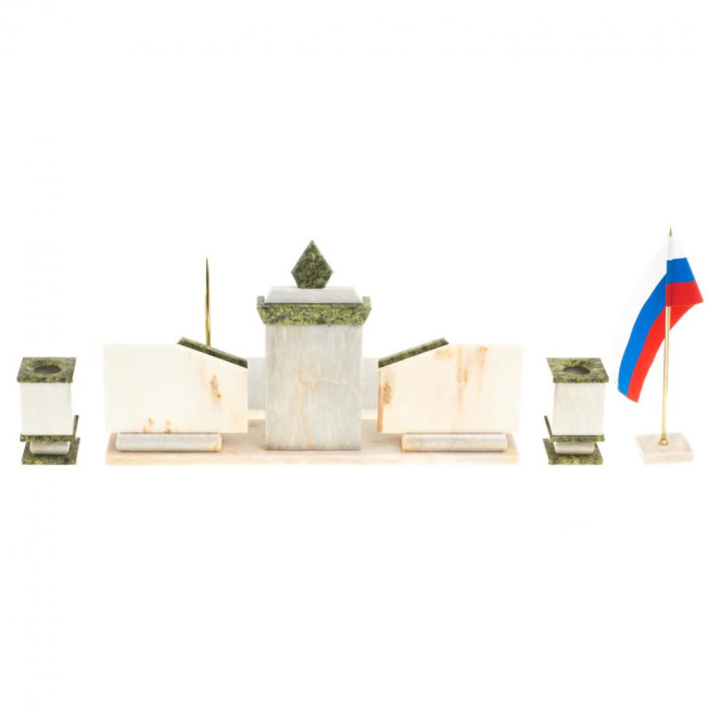 Письменный прибор с гербом и флагом России камень мрамор, змеевик
