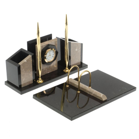 Письменный набор "Канцелярский" с часами камень бежевый мрамор