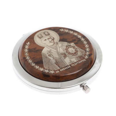 Зеркало с иконой &quot;Николай Чудотворец&quot; из коричневого обсидиана