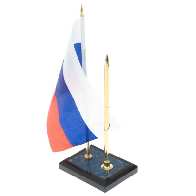 Подставка под ручку с флагом РФ из иркутского лазурита 10х7х25 см
