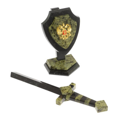 Настольный сувенир &quot;Щит и меч&quot; камень змеевик 10х7х28 см