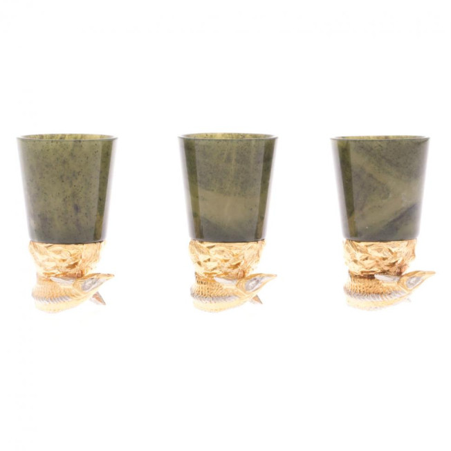 Стопки перевертыши "Осетры" 3 шт камень нефрит бронза Златоуст